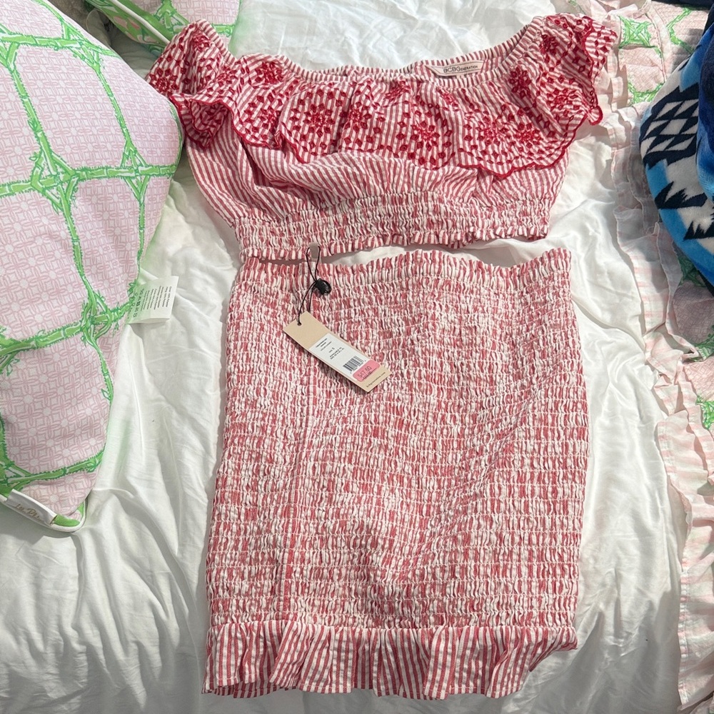 BCBGeneration Pink Smocked Off-Shoulder Crop Top with Ruffle Trim